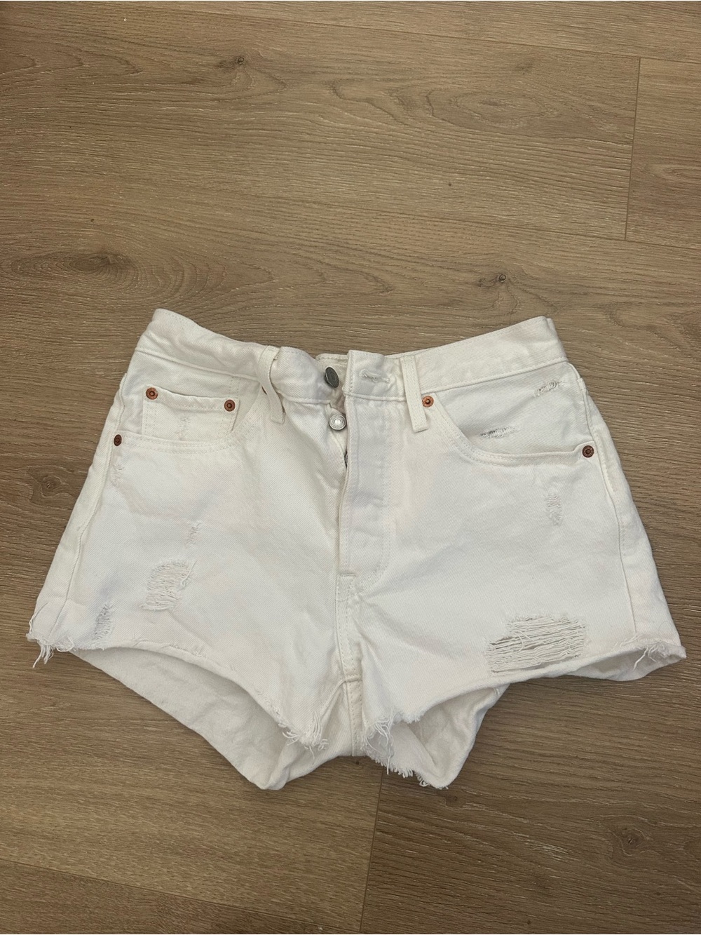 Levi's White Distressed High-Rise Denim Shorts
